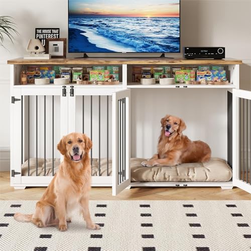 63'' Dog Crate Furniture for 2 Dogs, Wooden Dog Cage with Storage Compartment, view 2