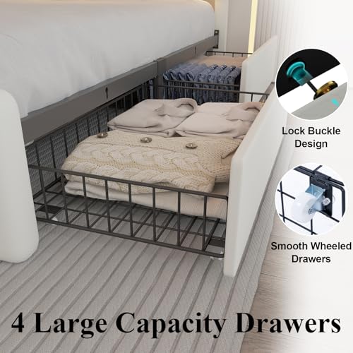 Full Size Bed Frame with 4 Storage Drawers, LED Light, White Upholstered, view 6