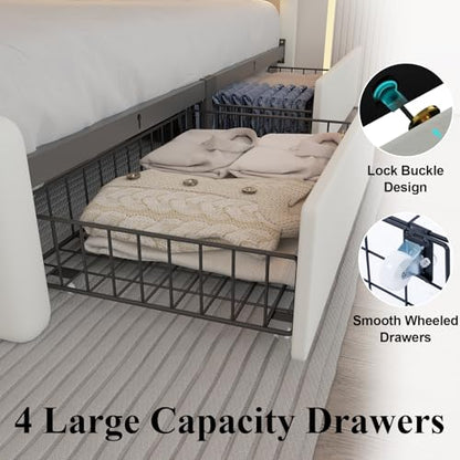 Full Size Bed Frame with 4 Storage Drawers, LED Light, White Upholstered, view 6