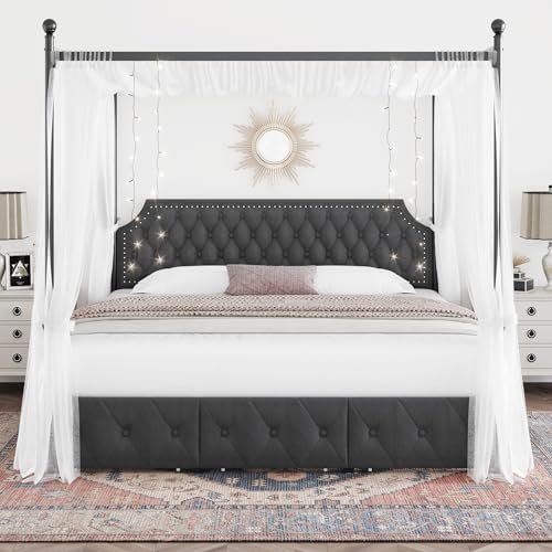 King Upholstered Canopy Bed Frame with 3 Storage Drawers & Button Tufted, view 4