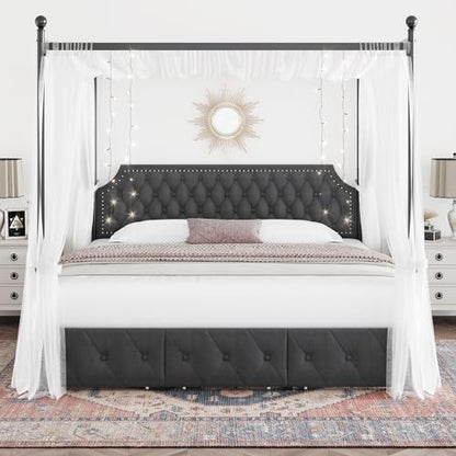 King Upholstered Canopy Bed Frame with 3 Storage Drawers & Button Tufted, view 4