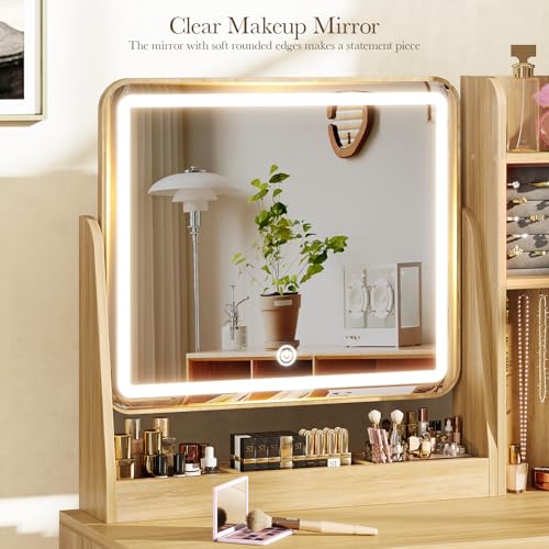 Fluted Makeup Vanity Desk with Mirror and Lights, view 7