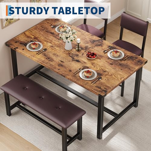 Dining Table Set for 4, Kitchen Table with 2 Upholstered Chairs and Bench, Wood Kitchen Dining Room Set, for Small Space, Apartment, Home, Kitchen, Retro Brown