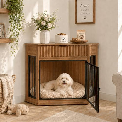Wooden Corner Dog Crate Furniture for Small & Medium Dogs (Walnut), view 4