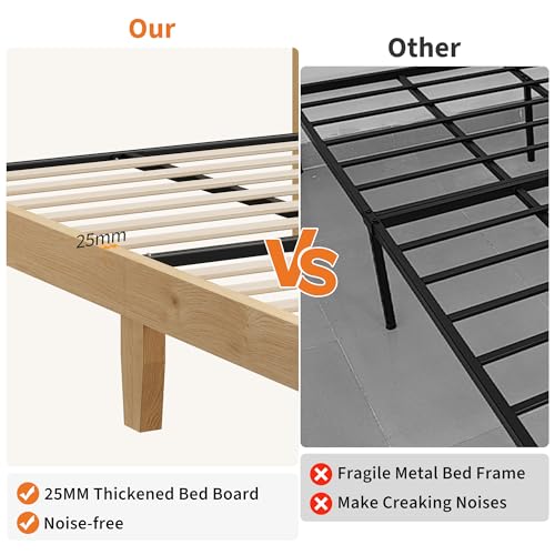 GAOMON Full Size Wood Bed Frame with LED Light and Rattan Headboard, view 4