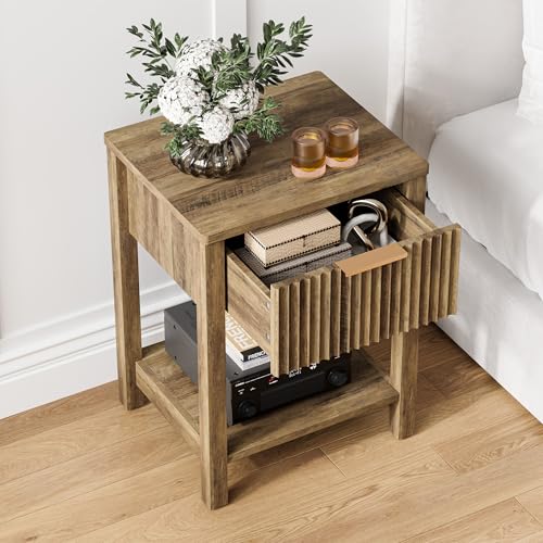 Fluted Nightstand with Drawer, Modern Beside Table with Open Shelf, Wood Brown Night Stand, Large Side Table, Curved Edge, End Table for Couch Bedroom Living Room (1, Brown) BNS102YW