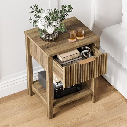 Fluted Nightstand with Drawer, Modern Beside Table with Open Shelf, Wood Brown Night Stand, Large Side Table, Curved Edge, End Table for Couch Bedroom Living Room (1, Brown) BNS102YW