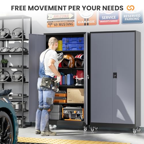 Metal Garage Cabinets with Wheels, Heavy Duty Rolling Storage Cabinet with Lock, Storage Caninet with 2 Doors and 4 Shelves, Tall Tool Cabnet on Wheels for Workshop/Home/Office-(Black Gray 75”H)