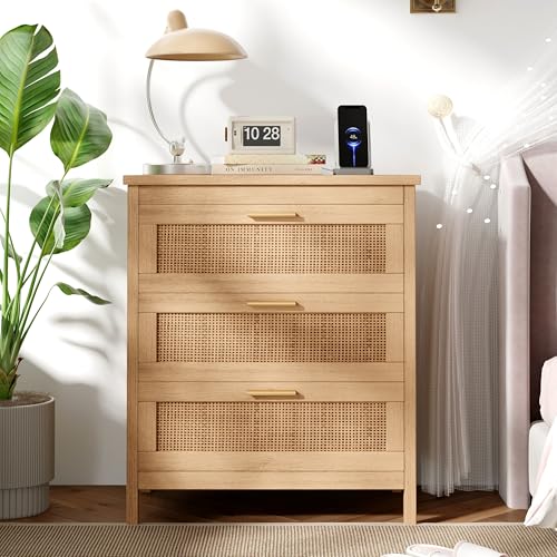 Natural boho rattan nightstand with charging station and three drawers, view 2