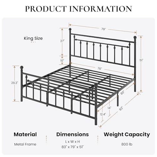 14" King Size Metal Platform Bed Frame/Victorian Headboard and Footboard/Steel, view 3