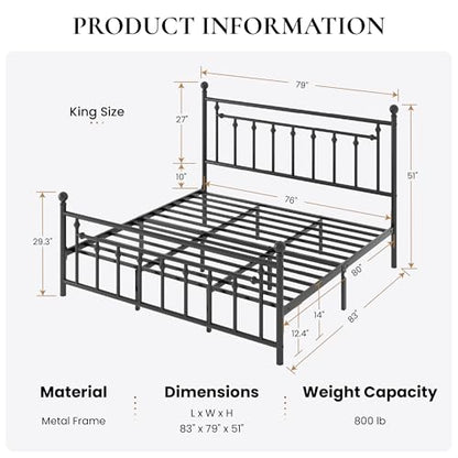14" King Size Metal Platform Bed Frame/Victorian Headboard and Footboard/Steel, view 3