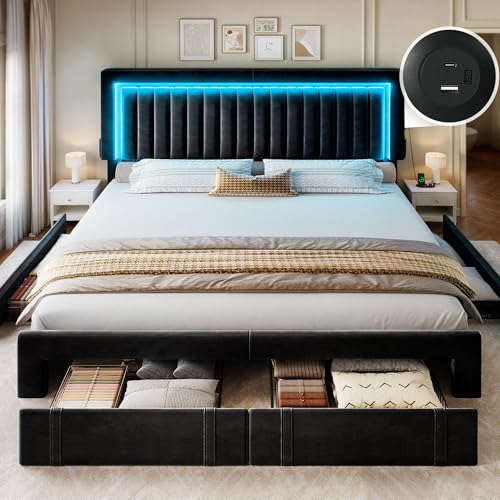 King Size Bed Frame with Adjustable Headboard & 4 Storage Drawers, view 5