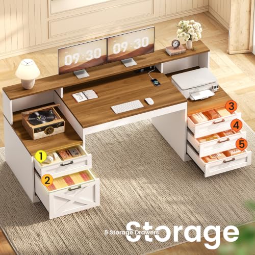 63" Farmhouse Office Desk with 5 Drawers, White and Brown, view 4