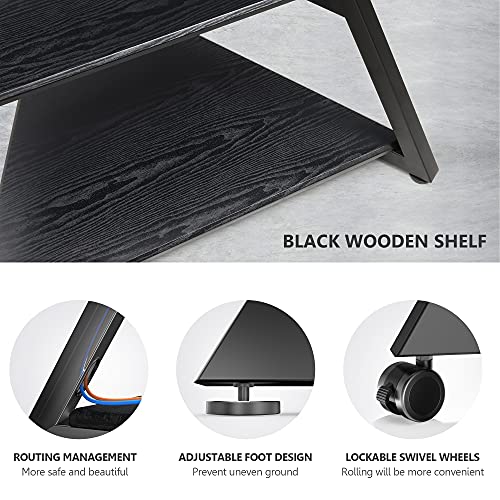 Corner TV Stand with Wheels for 43 55 65 70 75 Inch TV, Black TV Cart Floor Stand, Modern TV Stand with Wooden Storage Shelves, Eiffel Series