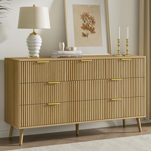 Fluted Dresser and Nightstand Sets 4 Piece, 2-Drawer Nightstands and 5/7 Drawers Dresser, Wood Bedroom Furniture Set for Home, Bedroom, Hallway, Oak