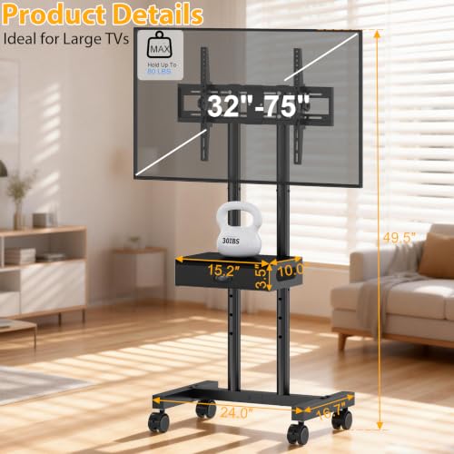 Rolling TV Stand with Drawer for 32-75 Inch TVs, Adjustable Storage Shelf, view 5