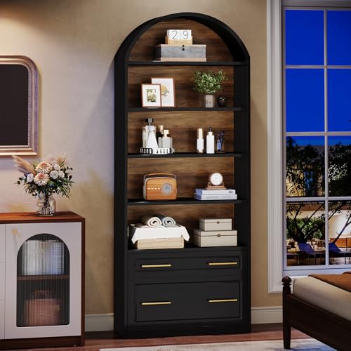 76.8" Tall Arched 5-Tier Bookcase, Black, view 4