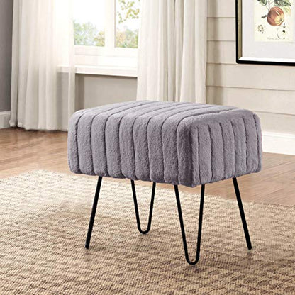 Super Mink Faux Fur Gray Ottoman Bench 19" x 13" x 17", Charcoal, Living Room Foot Rest Stool Entryway Makeup Bench End of Bed Bedroom Home Decor Chair for Sitting