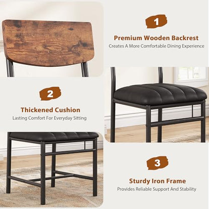Industrial Dining Chairs Set of 4 - Upholstered Dining Room Chairs with PU Leather, Kitchen Chairs with Wooden Backrest and Thickened Metal Legs, for Dining Room, Living Room（Rustic Brown）