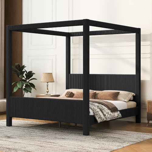 Queen Size Upholstered Canopy Bed with Padded Headboard & Footboard, Black, view 2