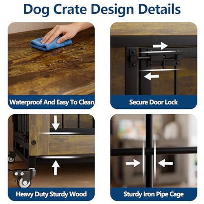 Rustic Wood Dog Crate Furniture with 3 Doors & Wheels, view 5