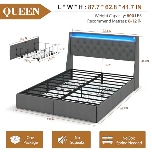 Upholstered Queen Size Bed Frame with 4 Storage Drawers and LED Lights, view 3