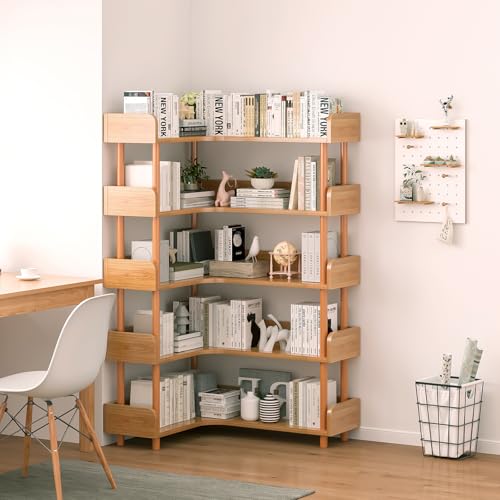 5-Tier Reversible Corner Bookshelf, L-Shaped Shelf, Oak, view 4