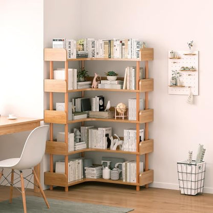 5-Tier Reversible Corner Bookshelf, L-Shaped Shelf, Oak, view 4
