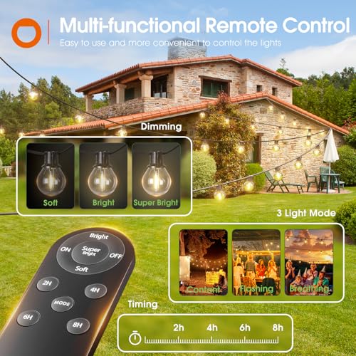 56FT(50+6) Solar String Lights Outdoor with Remote, 27 Shatterproof G40 Bulbs, Solar Powered & USB Charging Patio Lights, Dimmable Waterproof Solar String Lights for Outside, Camping, Backyard