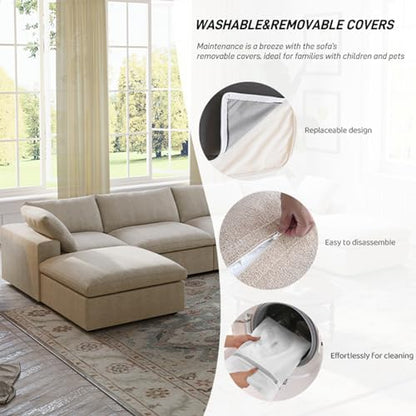 Cloud Modular Sectional Sofa,Down Filled Comfort Oversized Living Room Sets for Living Room,Large 8 Seater Minimalist Wide Deep Seat Convertible Couches,Sofa Cover Washable & Removable (Khaki)