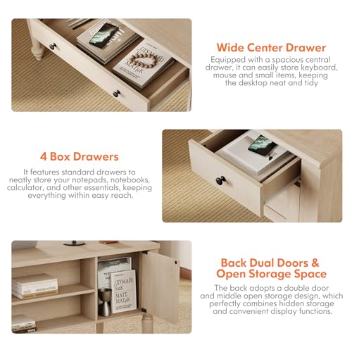WAMAPT Farmhouse Executive Desk with 5 Drawers, Home Office Desk with Charging Station, Wood Computer Desk with File Cabinet Storage, Door, Open Shelf for Work and Study, Light Oak, 55 inch