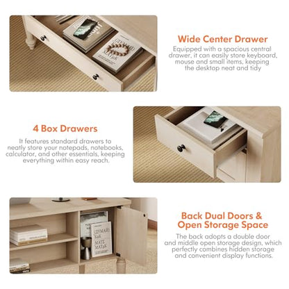 WAMAPT Farmhouse Executive Desk with 5 Drawers, Home Office Desk with Charging Station, Wood Computer Desk with File Cabinet Storage, Door, Open Shelf for Work and Study, Light Oak, 55 inch