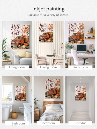 NuYeBiofx Hello Fall Words Brown Truck Canvas Wall Art Prints,48"x32" Framed Picture Artwork Maple Leaves Sunflowers Printed Canvas Oil Painting for Living Room Bedroom Office,Ready to Hang