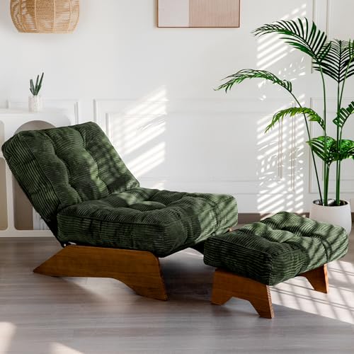 Accent Chair with Ottoman Adjustable Backrest, Tufted Living Room Chair Upholstered Lounge Chair with Footrest Set, Modern Chair Cozy Reclining Chair for Reading Room, Green
