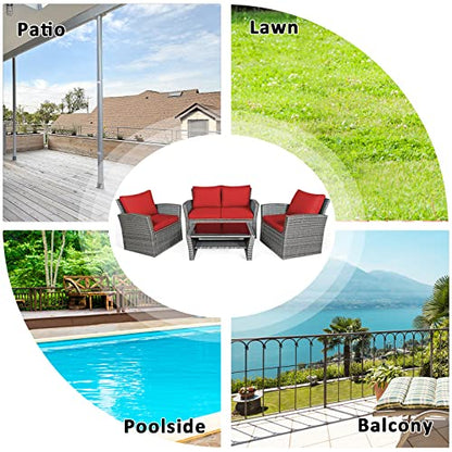 4 Pieces Patio Rattan Furniture Set, Outdoor Wicker Sofa Set with Tempered Glass Coffee Table, Cushions, All Weather Rattan Conversation Set for Yard Balcony Backyard Pool (Red)