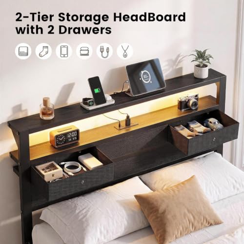 Queen Size Bed Frame with 2 Fabric Drawers and Storage Headboard, view 6