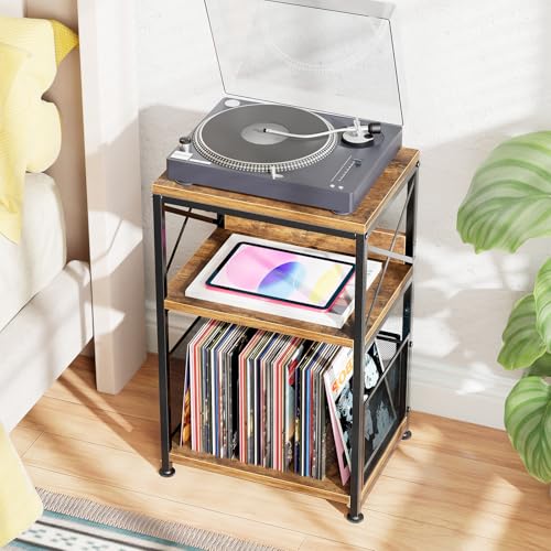 Record Player Stand, Turntable Stand with Vinyl Storage Holds Up to 200 Albums, Record End Table for Living Room, Rustic Brown
