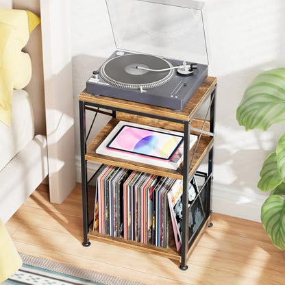 Record Player Stand, Turntable Stand with Vinyl Storage Holds Up to 200 Albums, Record End Table for Living Room, Rustic Brown
