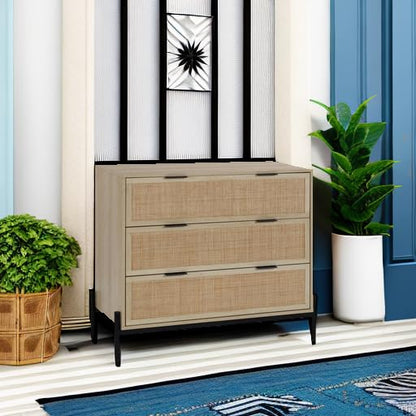 Nathan James Andrew 3-Drawer Rattan Dresser or Boheminan Living Room Storage Cabinet with Natural Rattan Accent and Metal Legs, Light Oak/Black