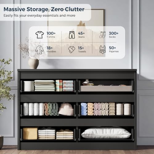 6 Drawer Fluted Dresser, Modern Chest of Drawers for Bedroom with Hidden Handles, view 4