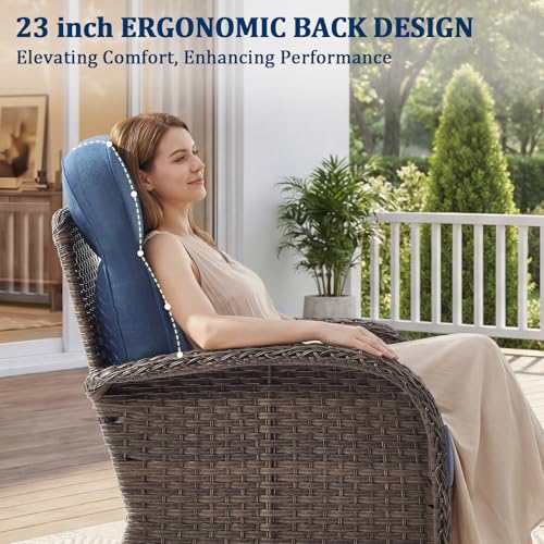 Outdoor Swivel Rocking Chair Patio Set (6-Piece), High-Back - Thick Cushion Swivel Rocking Chair Patio Set, All-Weather Wicker Patio Furniture Set, Suitable for Balcony Patios, Brown/Blue
