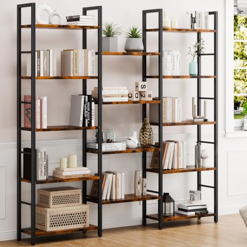 Triple 5 Tier Bookshelf, Industrial Large Bookcase with 14 Open Display Shelves, Large Etagere Bookshelf,Wide Book Shelf Book Case for Home & Office, Brown