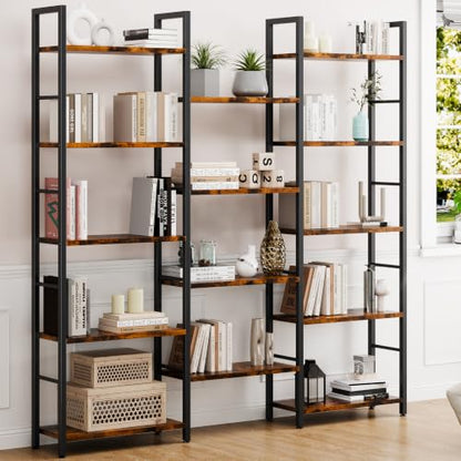 Triple 5 Tier Bookshelf, Industrial Large Bookcase with 14 Open Display Shelves, Large Etagere Bookshelf,Wide Book Shelf Book Case for Home & Office, Brown