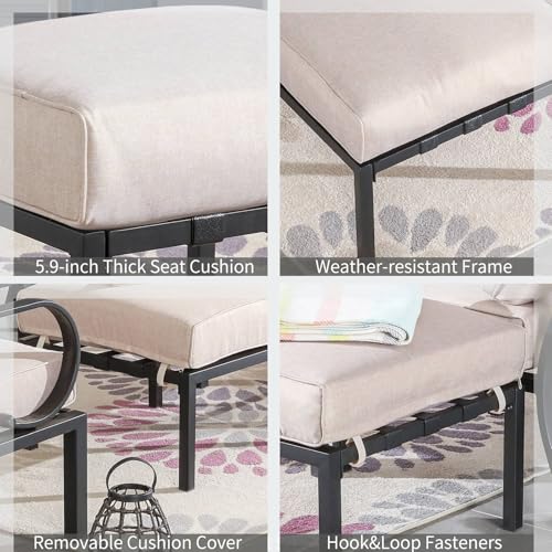 Patio Ottoman Metal Foot Stool Outdoor Ottoman with 5.9" Thick Beige Cushion, 22.4" W x 22.4" D x 18.1" H