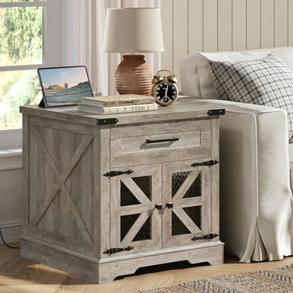 Farmhouse End Table with Charging Station, 24" Large Sofa Side Table with Drawer, Large End Table for Living Room, Wooden Nightstand with Outlet, Square, Greige