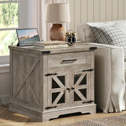 Farmhouse End Table with Charging Station, 24" Large Sofa Side Table with Drawer, Large End Table for Living Room, Wooden Nightstand with Outlet, Square, Greige