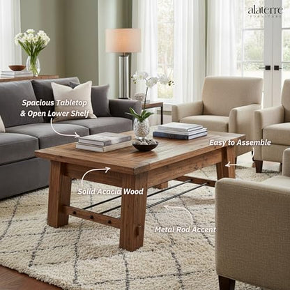 Durango Solid Wood Coffee Table with Metal Storage Shelf | 48-Inch, Rustic Industrial Living Room Table, Metal Accent, Rustic Natural Grain Lacquer Finish