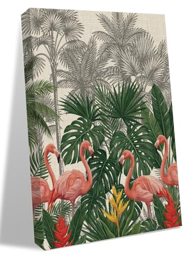 NuYeBiofx Summer Pink Flamingo Green Leaf Canvas Wall Art Prints,30"x20" Framed Picture Artwork Tropical Gray Tree Retro Linen Printed Canvas Oil Painting for Living Room Bedroom Office,Ready to Hang