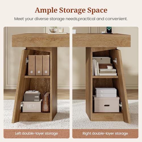 55.9 in Executive Desk with Power Outlets, Modern Home Office Desk with Storage Cabinet, Wood Computer Desk Business Workstation Desk Conference Table, Oak (Storage Cabinet)