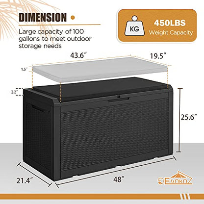 100 Gallon Waterproof Large Resin Deck Box Outdoor Storage Box Indoor Lockable Storage Container with Cushion for Patio Furniture Garden Pool Cushions (Black)